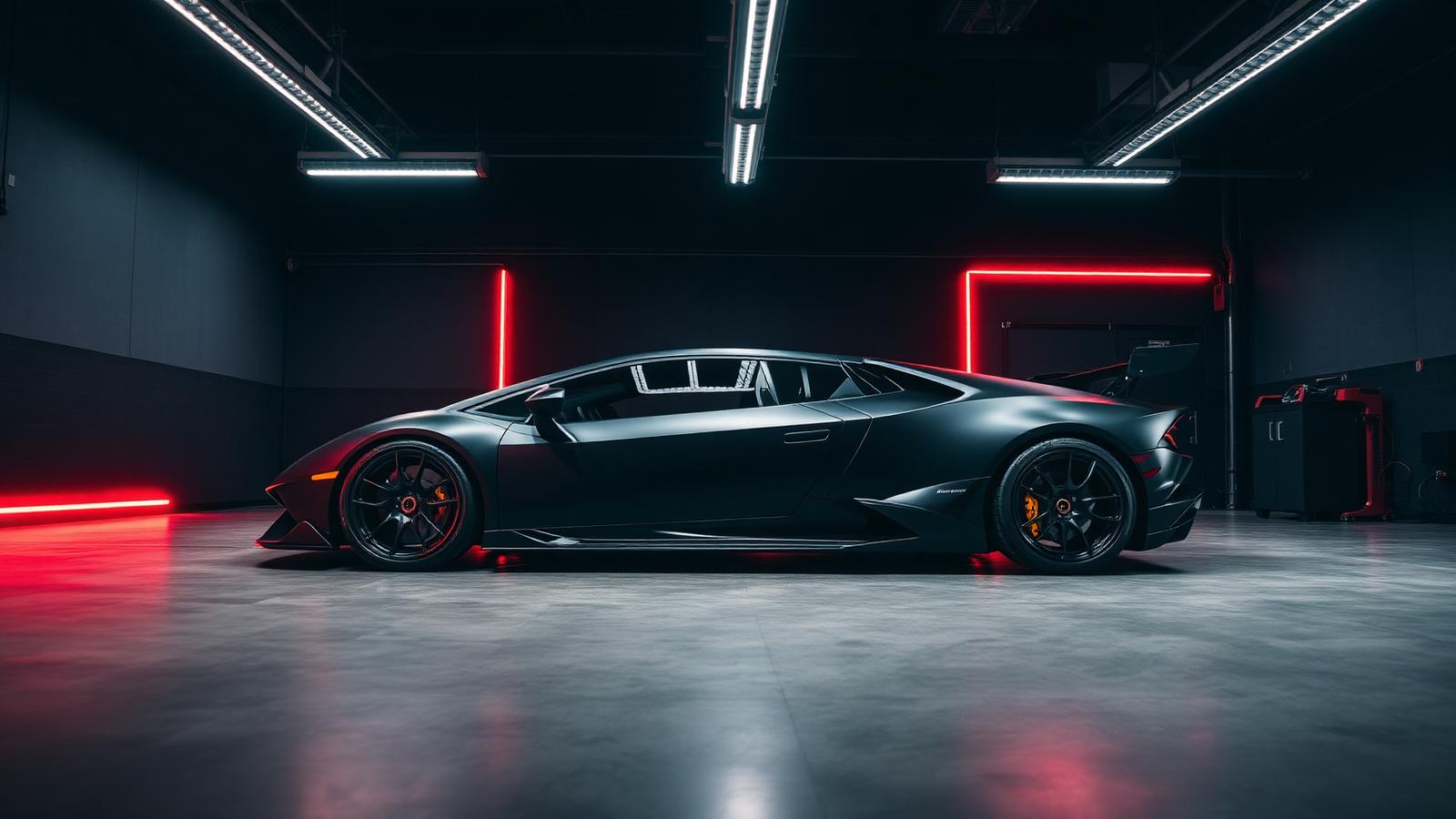 Matte black supercar parked under inspection light bars inside the Mansor Customs studio