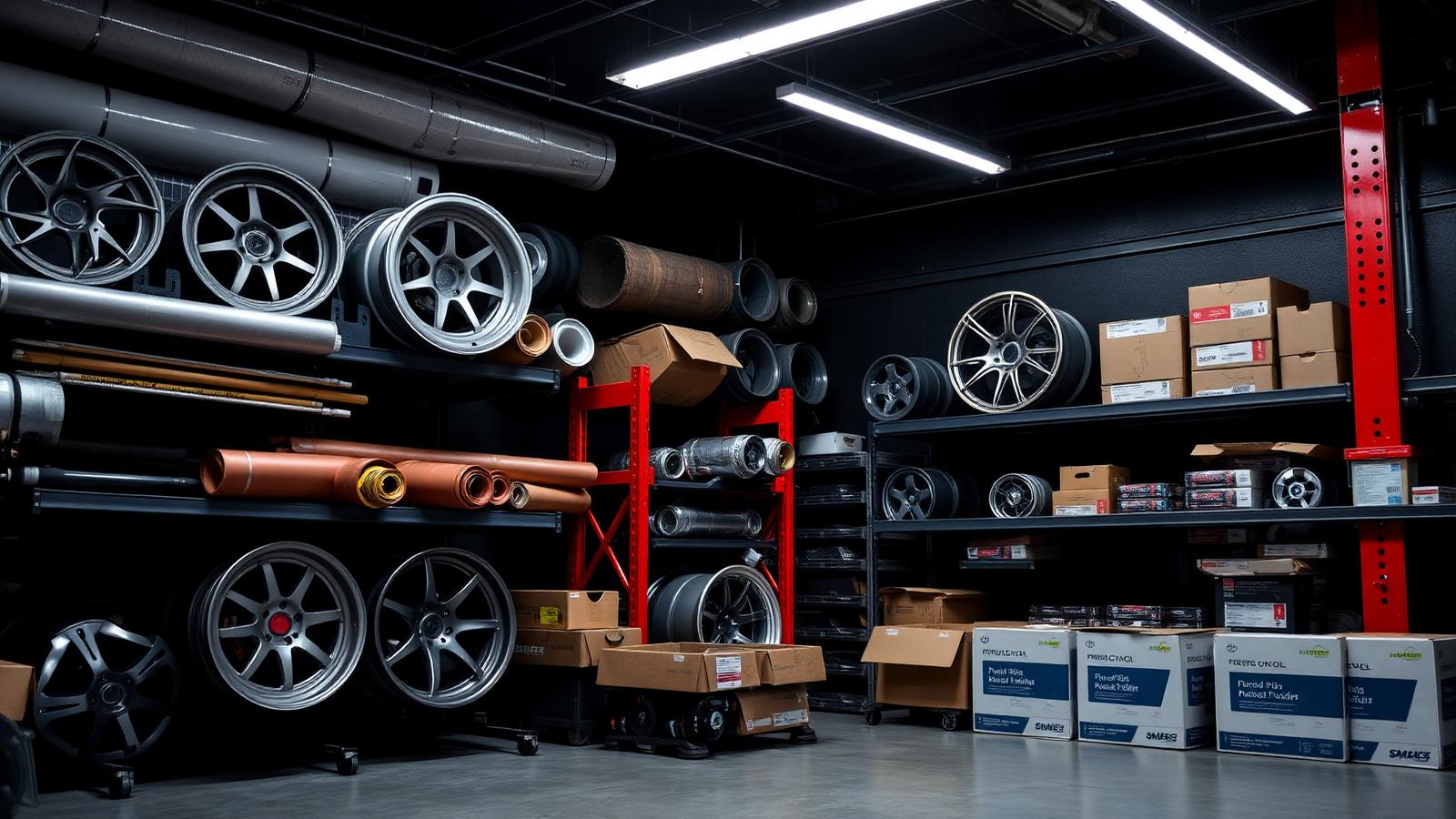 Shelves of paint protection film rolls, forged wheels and brake kits inside the Mansor Customs parts room