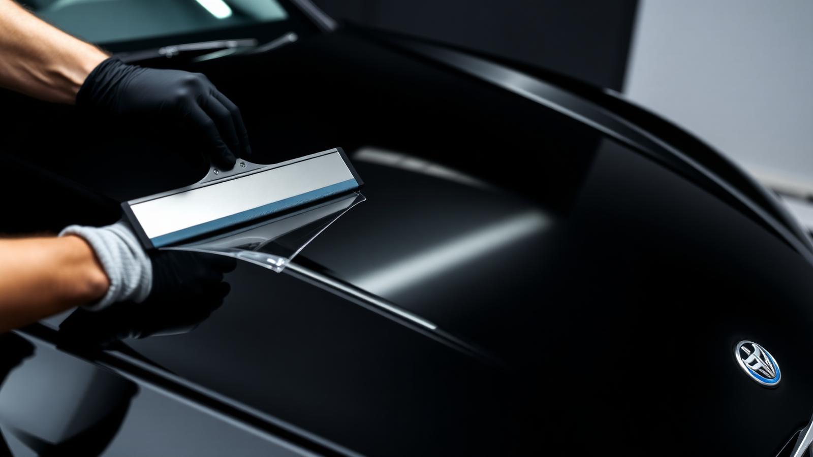 Installer squeegeeing clear paint protection film onto a gloss black hood