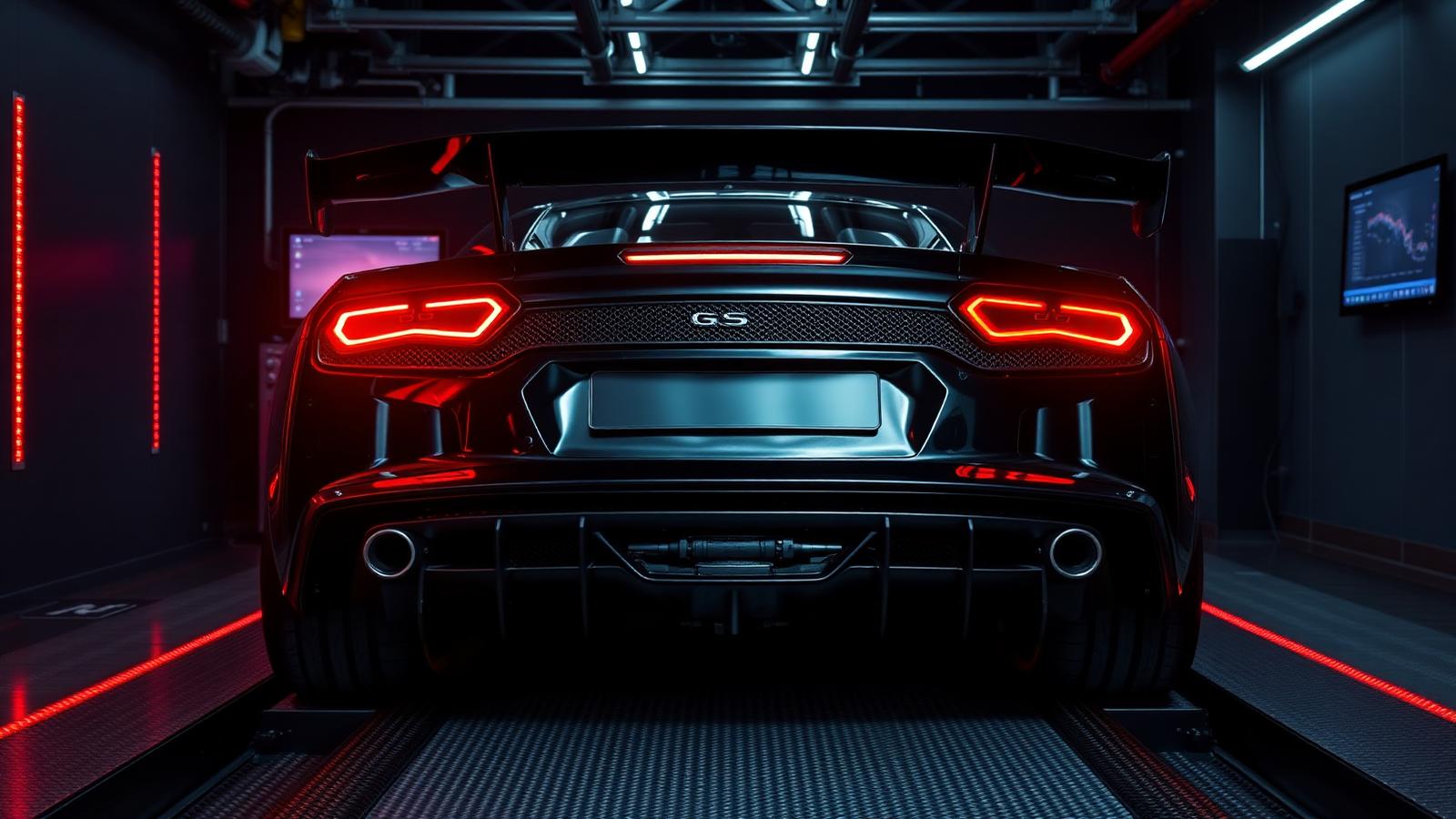 Supercar strapped to a chassis dynamometer with the rear wheels spinning