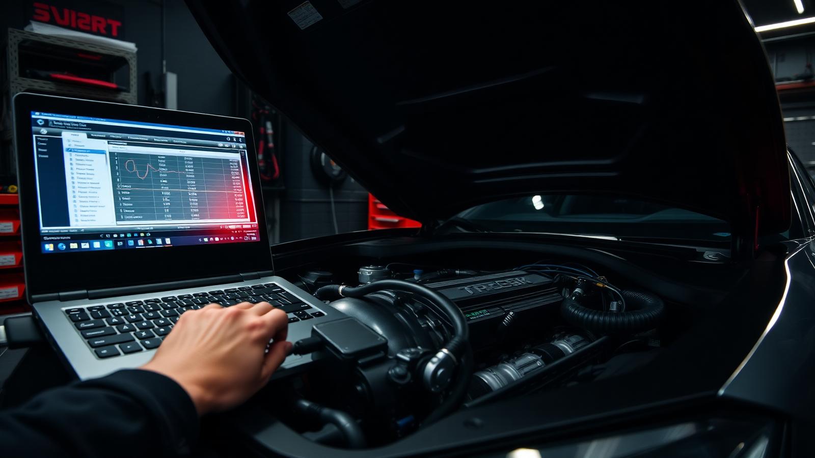 Technician laptop connected to the ECU of a turbocharged engine bay during a tuning session